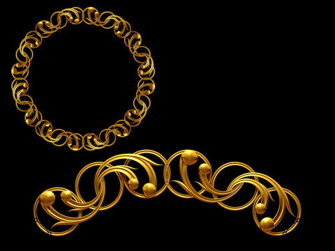 golden ornamental segment, ”appear", round version, ninety degree angle, for corner or circle, 3d Illustration, separated on black