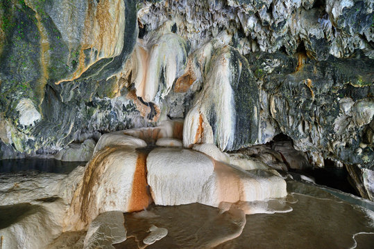 Armenia, rock formations in the cave with natural hot water, under \"Devils Bridge\" near Tatev.