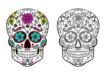 sugar skull coloring page, and an example of coloring