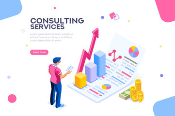 Isometric infographic of consult and administration. Corporate risk graph to engineering advertising value. Account planning grow, management or calculate report of audit. Business Vector illustration