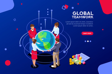 Obraz premium Search idea, new meeting profit, worker partner, staff strategy. Businesswoman presentation. Confident company investor corporate global colleague standing. World of flat isometric vector illustration