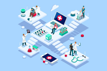 Persons at office, medical assistance. Patient room with healthcare insurer. Clinic insure a doctor. Insurance and assistance for physician. Concept with characters. Flat isometric vector illustration - 222801983