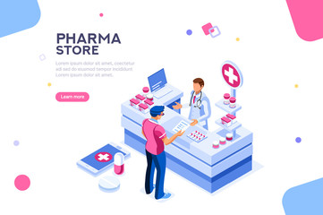 Patient and pharmacist doctor infographic, healthy recipe element, medicament for aid, professional medication. Computer and pills banner. Images of client at shop. Flat isometric Vector illustration.