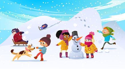 Vector Illustration of multiracial kids playing outdoors. Girls and boys making snowman in winter, children playing in snowballs, sledding, playing with dog. Mentor man looks after the children.