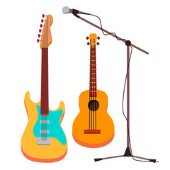 Obraz premium Guitar Vector. Electric, Classic. Microphone With Stand. String Musical Instrument. Isolated Cartoon Illustration