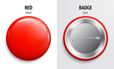 Blank red glossy badge or button. 3d render. Round plastic pin, emblem, volunteer label. Front and Back Side. Vector.
