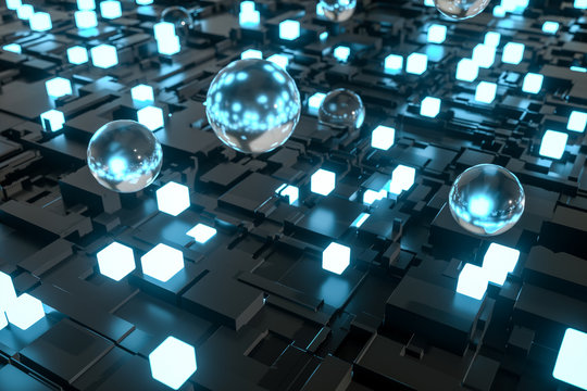 3d rendering, Fireball, Glass balls and luminescent squares