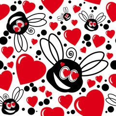 Bee in love seamless pattern with red hearts and black dots on white background