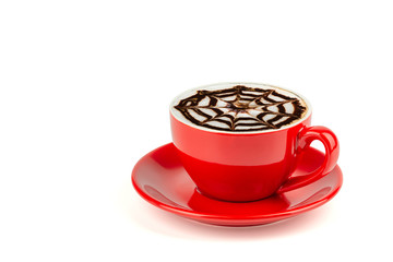 Side view of hot mocha coffee with latte art in a bright red cup and saucer isolated on white background with clipping path inside.