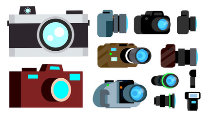 Camera Icon Set Vector. Retro, Vintage, Modern Photo Camera Symbol. Isolated Cartoon Illustration
