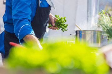 Koch in der Küche Kocht Leckeres Essen 