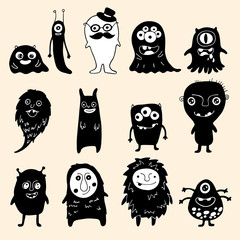 set of black and white monsters