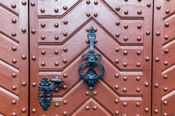 Detail of historic doors with iron forging.