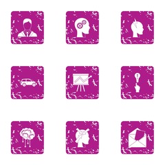 Brain function icons set. Grunge set of 9 brain function vector icons for web isolated on white background