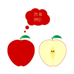 Vector Red Apple Whole and Half Cut. Thought or Think Bubble. Flat Style Illustration Isolated on White. Fresh Fruits Set.