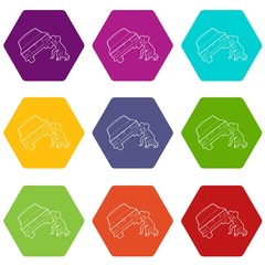 People overturned car icons 9 set coloful isolated on white for web