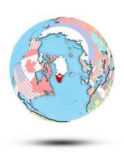 Greenland on political globe with flags