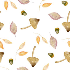 Seamless pattern with mushroom, acorns and autumn leaves