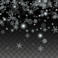Christmas  Vector Background with White Falling Snowflakes Isolated on Transparent Background. Realistic Snow Sparkle Pattern. Snowfall Overlay Print. Winter Sky. Design for Party Invitation.