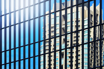 low angle view to glass window of modern skyscraper. business concept of success industry in architecture