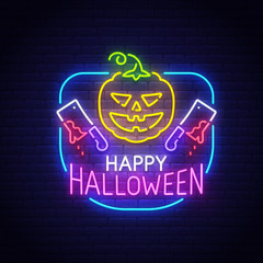 Happy Halloween neon sign, bright signboard, light banner. Halloween greeting card. Angry Pumpkin logo, emblem. Vector illustration