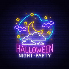 Happy Halloween neon sign, bright signboard, light banner. Halloween greeting card. Night sky, moon and bat logo, emblem. Vector illustration