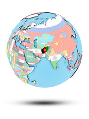 Afghanistan on political globe with flags