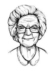 Sketch of old woman face, pensioner. Grandma. Hand drawn vector illustrtion - obrazy, fototapety, plakaty