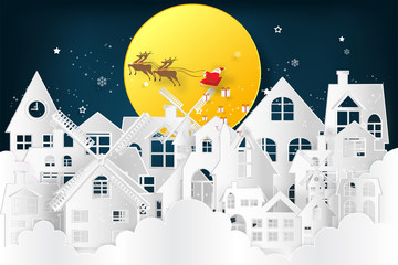 Santa Claus on Sleigh and Reindeer over the snow city clouds and merry christmas in the winter background as holiday and x'mas day concept. vector illustration.