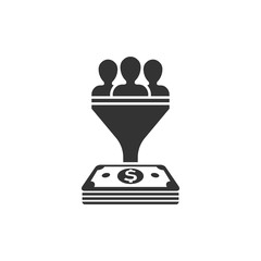 Lead management icon in flat style. Funnel with people, money vector illustration on white isolated background. Target client business concept.