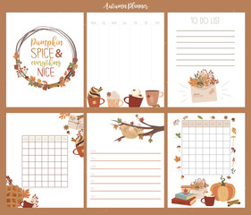Set of cute Autumn Weekly planner template, organizer, schedule and note background. Editable vector illustration