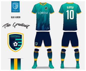 Soccer jersey or football kit template for football club. Blue and green gradient football shirt with sock and blue shorts mock up. Front and back view soccer uniform. Football logo design. Vector