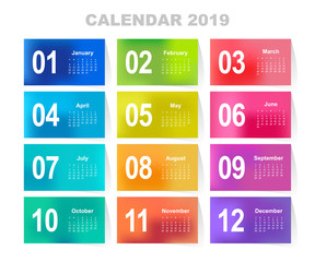 Calendar for 2019 year. Colorful gradient mesh vector set. The week starts on Sunday. Template for your design.