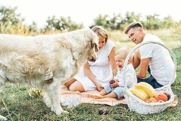 Young cute family on picnic with dog