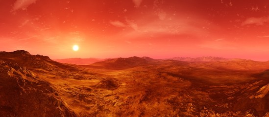 Fototapeta premium Martian landscape. Panorama of Mars. Alien landscape. 