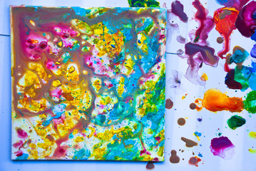 Fluid Art. Creative artwork acrylic paint.Fluid Acrylic Splash.Watercolor background.Pink yellow abstract.Working  process.