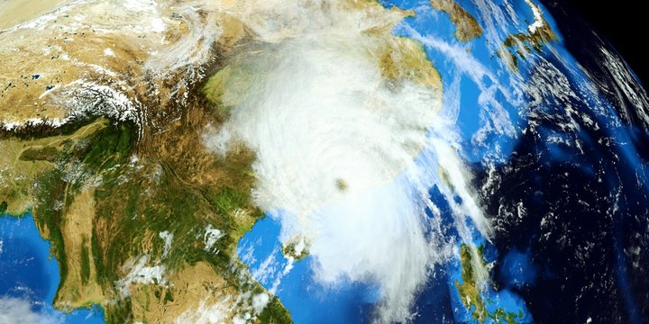 Extremely detailed and realistic high resolution 3D illustration of a Typhoon hitting  mainland China. Shot from Space. Elements of this image are furnished by Nasa.