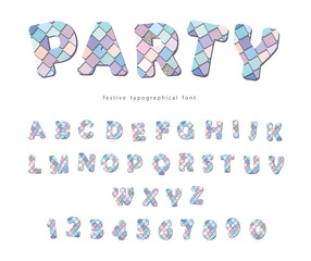 Party trendy font. Sequins textured letters and numbers. For birthday, fashion, T-shirt design.