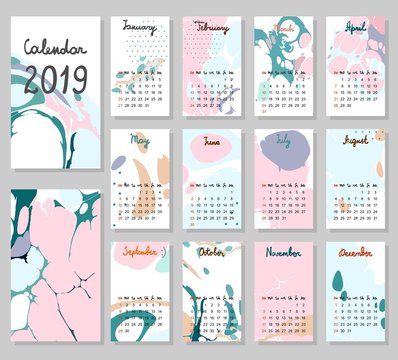 Hand drawing vector Calendar 2019. Abstract painting templates. Week starts from Sunday.