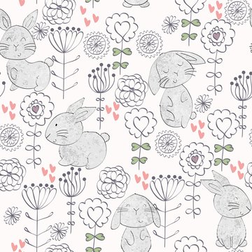 Vector seamless pattern with cartoon cute bunnies