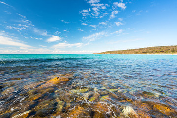 Rocky shoreline at Meelup Beach, a popular tourist destination, near the town of Dunsborough in the south west region of Western Australia, Australia.