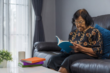 senior woman reading book in living room
