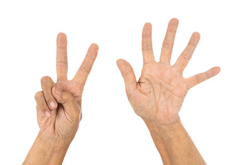 senior hand counting number 7 (seven) isolate on white background