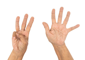 senior hand counting number 8 (eight) isolate on a white background