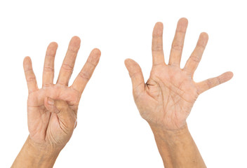 senior hand counting number 9 (nine) isolate on white background