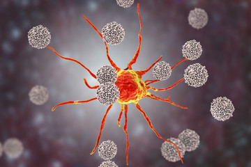 T-lymphocytes attacking cancer cell, 3D illustration. Anticancer immunity and treatment concept