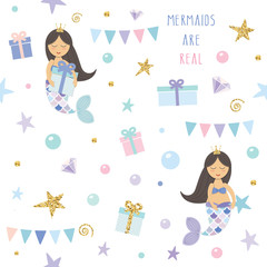 Mermaid birthday seamless pattern background. Cute cartoon characters. Vector