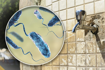 Safety of drinking water concept, 3D illustration showing bacteria Vibrio cholerae, the causative agent of cholera disease, contaminating drinking water