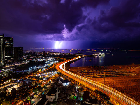 Beautiful Lightning And Light Trail In Highway At Singapore