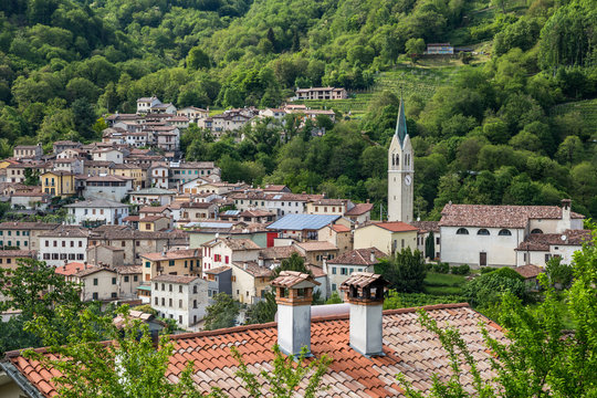 Valdobbiadene region of Prosecco sparkling wine, vineyards planted with steep slopes of hills.  Combai village, Italy